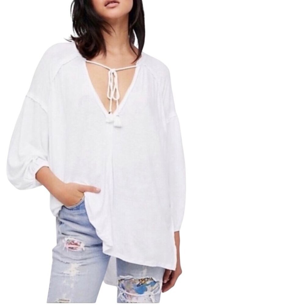 Free People We The Free Just A Henley Tie Front Drop Shoulder White Top Size L